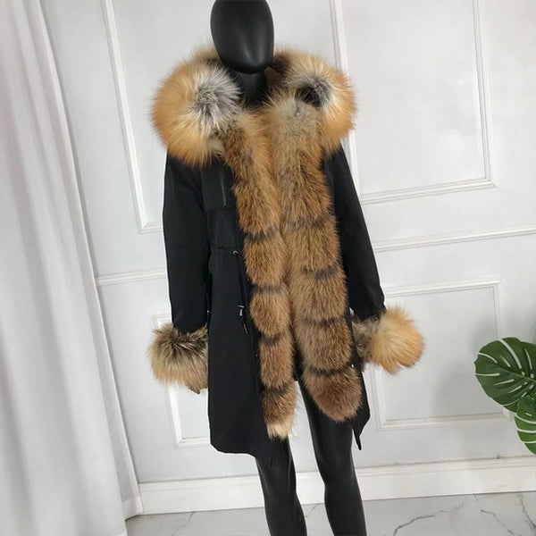 real natural fox fur coat jacket parka with big large fox fur collar and fox fur liner thick warm fashion new waterproof   wome