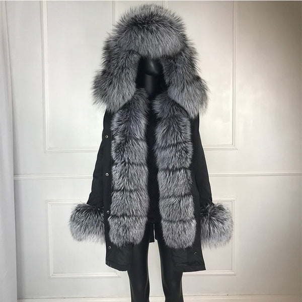 real natural fox fur coat jacket parka with big large fox fur collar and fox fur liner thick warm fashion new waterproof   wome