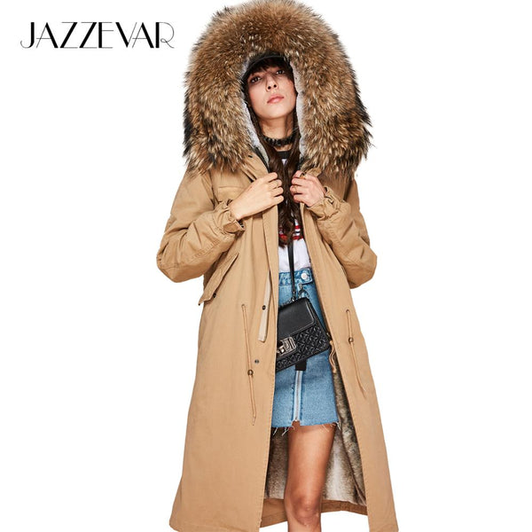 JAZZEVAR 2019 New Fashion Women's X-Long parka large real racoon fur Hooded Coat Outwear natural color Military Winter Jacket