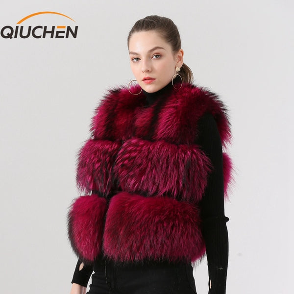 QIUCHEN PJ8051 real raccoon fur women winter short vest real fur thick fur hot sale model Fast free shipping