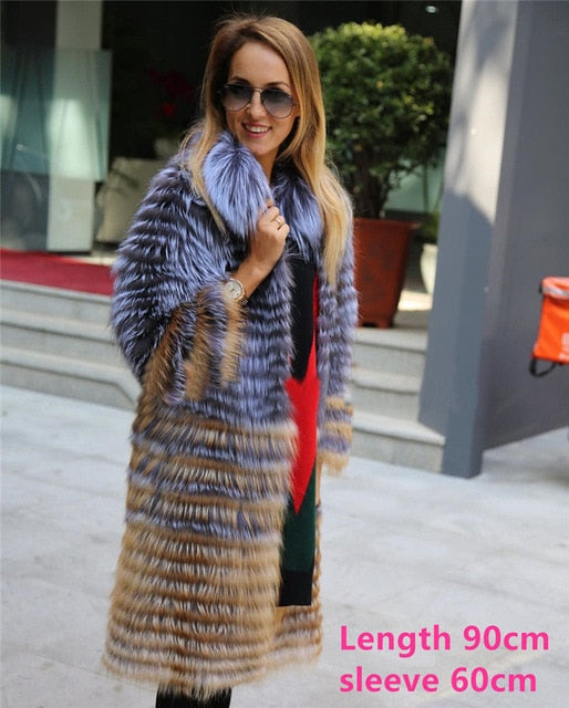 2019 New Women Long Real Sliver Fox Fur Coat Stand Collar Pelt Fur Natural Coat Women Fox Jacket Genuine Winter Fashion FC-144