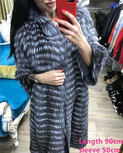 2019 New Women Long Real Sliver Fox Fur Coat Stand Collar Pelt Fur Natural Coat Women Fox Jacket Genuine Winter Fashion FC-144