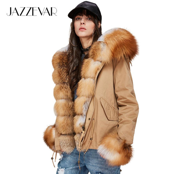 JAZZEVAR 2019 New Fashion Women's Luxurious Large Real Fox Fur Collar Cuff Hooded Coat Short Parkas Outwear Winter Jacket