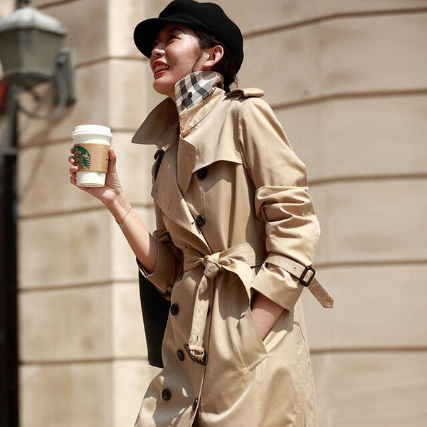 AIGYPTOS 2019 autumn new long windbreaker women's double-breasted belt British cotton jacket waterproof and anti-fouling