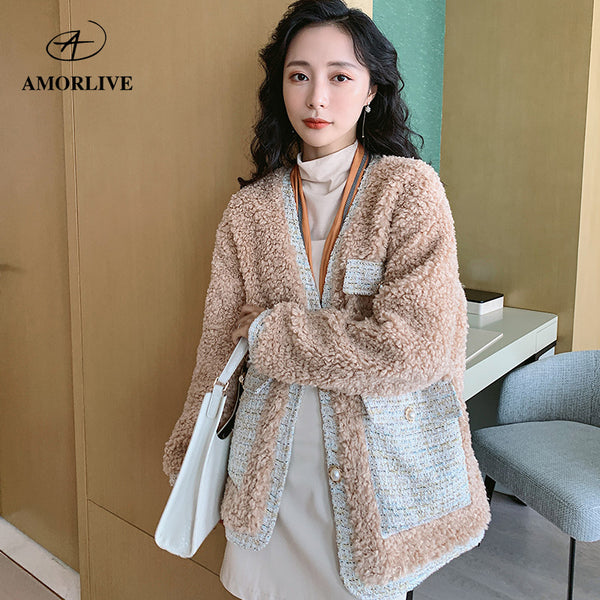 AMOR LIVE Cashmere Elegant Faux Fur Coat For Women Warm Soft Fur Jacket Female Plush Overcoat Pocket Casual Chic Splice Coat