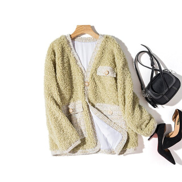 AMOR LIVE Cashmere Elegant Faux Fur Coat For Women Warm Soft Fur Jacket Female Plush Overcoat Pocket Casual Chic Splice Coat
