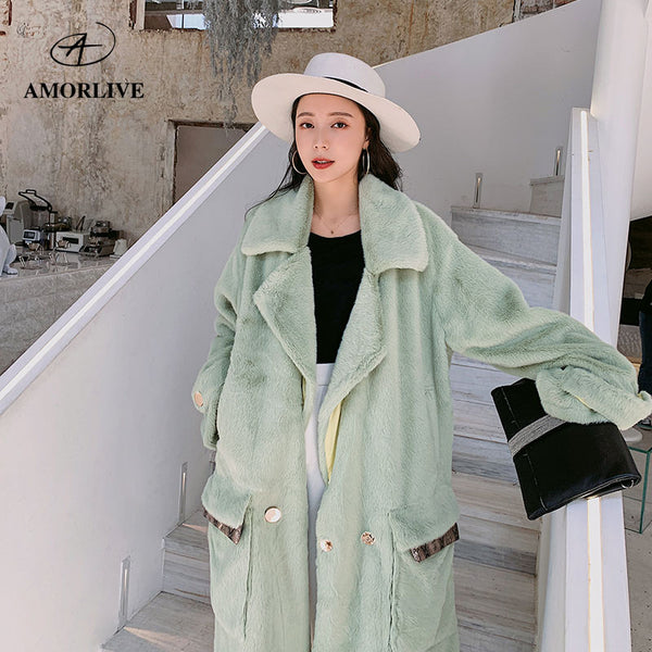 AMOR LIVE Fashion Autumn Winter Mink Coat Women Casual Warm  Wool Solid Double-breasted Green Long  Jackets Elegant Long Coat