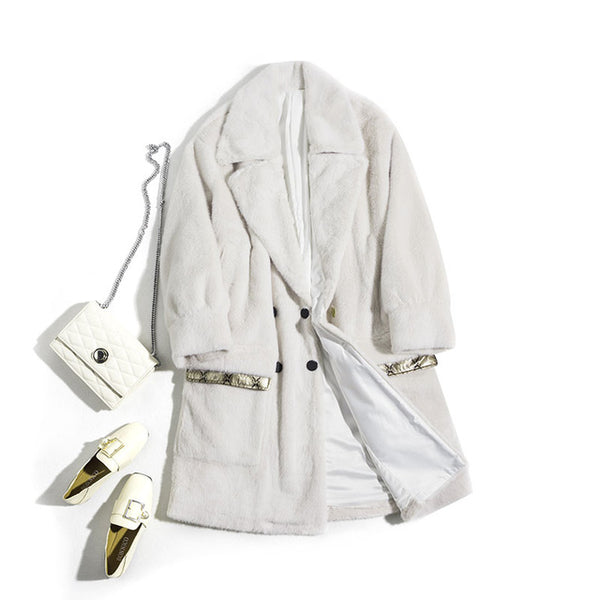 AMOR LIVE Fashion Autumn Winter Mink Coat Women Casual Warm  Wool Solid Double-breasted Green Long  Jackets Elegant Long Coat