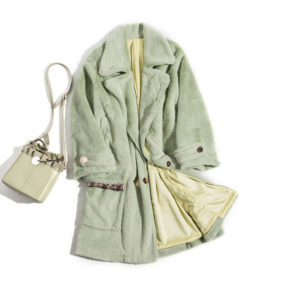 AMOR LIVE Fashion Autumn Winter Mink Coat Women Casual Warm  Wool Solid Double-breasted Green Long  Jackets Elegant Long Coat
