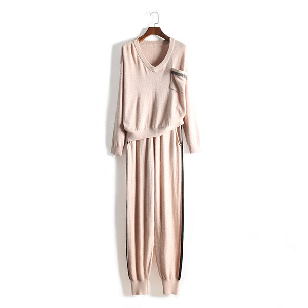 2019 Top Fashion New Women's Knit Suit Playful Small Pocket Temperament V-neck Cashmere Sweater Trousers Warm 2 Piece Woman