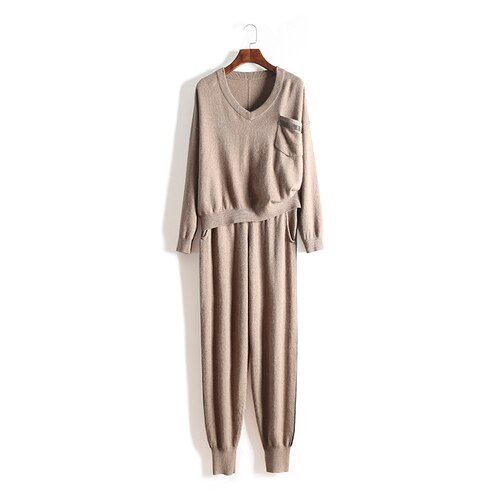 2019 Top Fashion New Women's Knit Suit Playful Small Pocket Temperament V-neck Cashmere Sweater Trousers Warm 2 Piece Woman