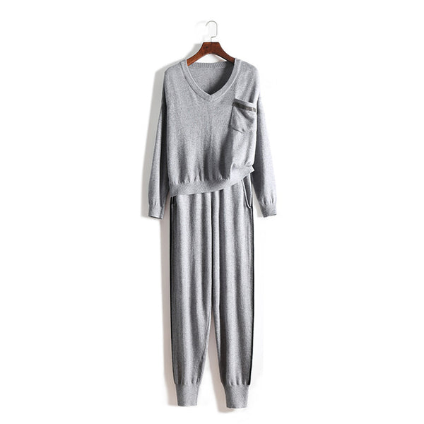 2019 Top Fashion New Women's Knit Suit Playful Small Pocket Temperament V-neck Cashmere Sweater Trousers Warm 2 Piece Woman