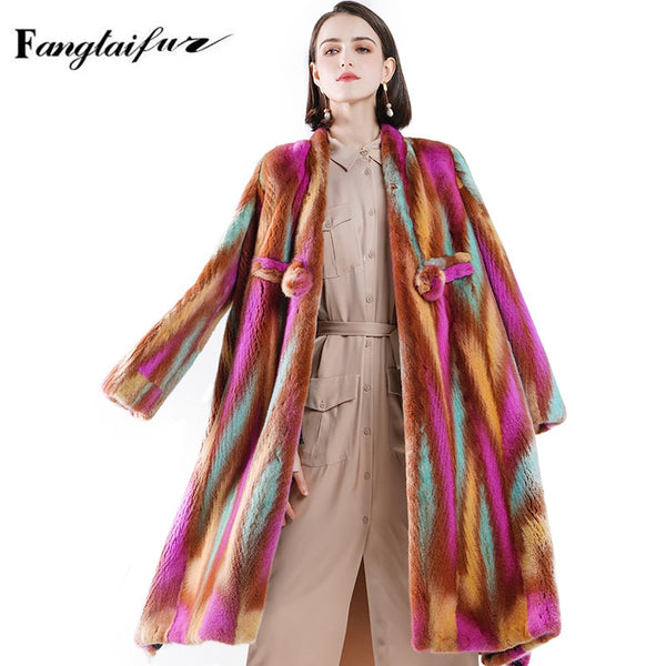 Fang Tai Fur 2019 Winter Women Import Velvet Mink Fur Coat V-Neck Colorful Striped Mink Coats Women's Long Real Mink Fur Coats