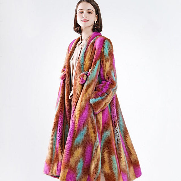 Fang Tai Fur 2019 Winter Women Import Velvet Mink Fur Coat V-Neck Colorful Striped Mink Coats Women's Long Real Mink Fur Coats