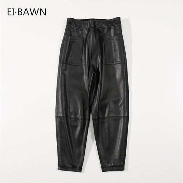 2019 Autumn Winter Pant Women Real Sheepskin Black XXXL Plus Size Loose Casual Street Style Ladies Trousers Genuine Leather