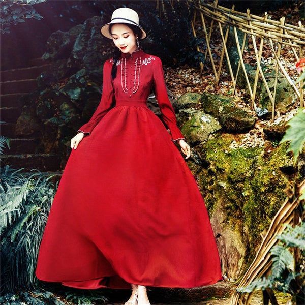 New High Quality Explosions Leisure Elegant embroidery red Dresses  Women  spring  Casual Shirt Dress