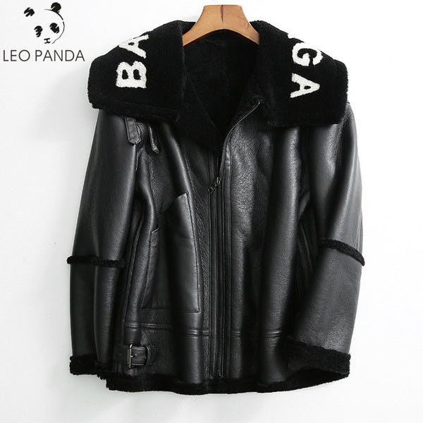 2019 Winter New Women Lamb fur Bomber Real leather jacket sheepskin Double face Shearling Coat Oversized Genuine Leather jacket
