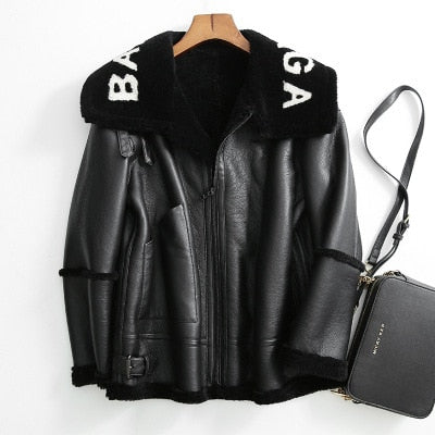 2019 Winter New Women Lamb fur Bomber Real leather jacket sheepskin Double face Shearling Coat Oversized Genuine Leather jacket