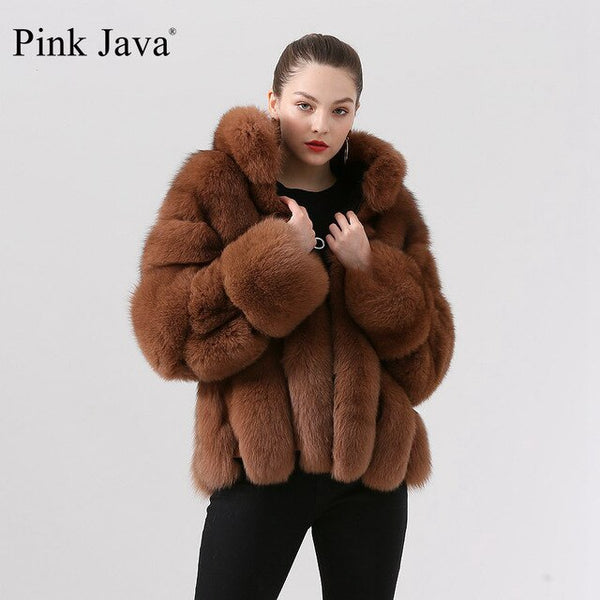 Pink Java QC19018 2019 new arrival real fox fur coat women winter thick fur fashion coat luxury fur dress hot sale stand collar