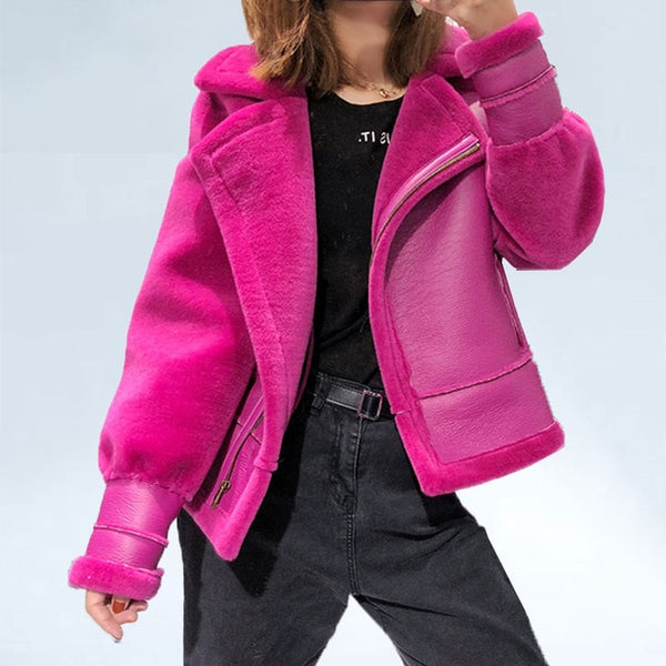 Winter short jacket Genuine Fur Coat 100% Wool Jackets Rose Suede Short Clothes Female Beige Double-faced Cool Overcoat Real Fur