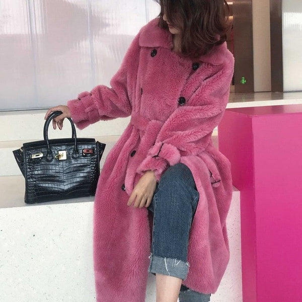 Women 2019 Winter Real Sheep Shearing Fur Jacket Female Plush Thick Warm Natural Lamb Fur Wool Long Coat Oversize Overcoat K293