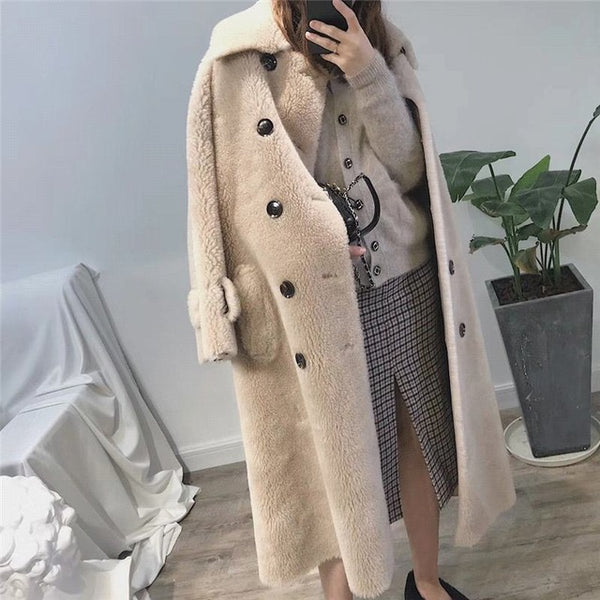 Women 2019 Winter Real Sheep Shearing Fur Jacket Female Plush Thick Warm Natural Lamb Fur Wool Long Coat Oversize Overcoat K293