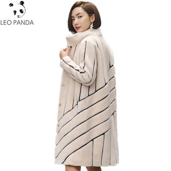 2019 New Striped Coat Mouton Coat for Woman female tonfur Fur Coat Women's winter jackets real fur 100% wool fur coats HF468