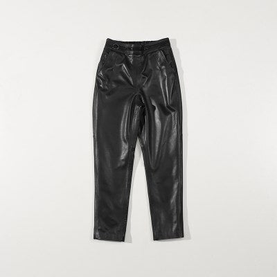 2019 Autumn Leather Pants Women Plus Size Black Streetwear Long Pants Ladies High Waist Elastic Real Leather Trousers Female