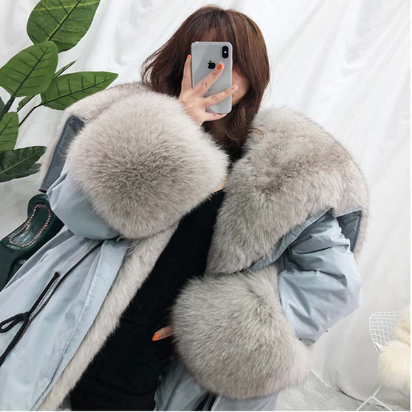 Oversized Fur Collar Duck Down Coat Real Fur Coat Winter Jacket Women Parka Natural Raccoon Fox Fur Detachable Loose 2019