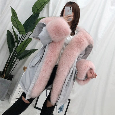 Oversized Fur Collar Duck Down Coat Real Fur Coat Winter Jacket Women Parka Natural Raccoon Fox Fur Detachable Loose 2019