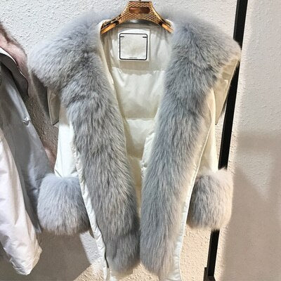 Oversized Fur Collar Duck Down Coat Real Fur Coat Winter Jacket Women Parka Natural Raccoon Fox Fur Detachable Loose 2019