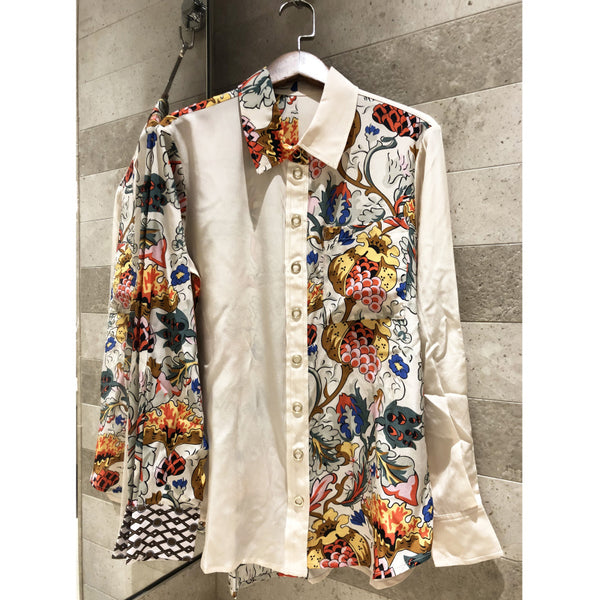2019 autumn new ladies floral print stitching shirt casual silk tops high-end long-sleeved shirt