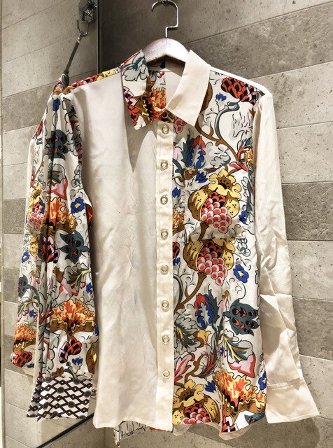 2019 autumn new ladies floral print stitching shirt casual silk tops high-end long-sleeved shirt