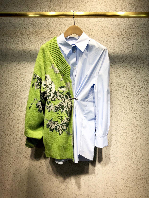 2019 new ladies high quality fashion long sleeve blue green hairpin shirt 0927