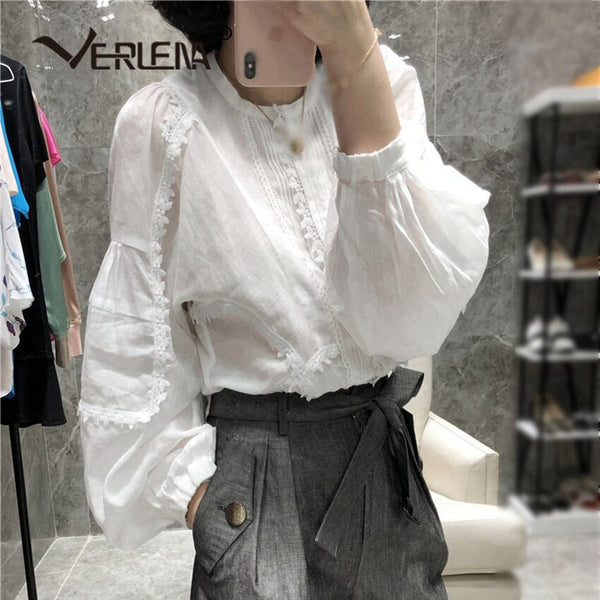Verlena Volume Lantern Long Sleeve Natural Ramie Boho White Blouse Women Loose Crochet Lace O-Neck Oversized Summer Shirt 2019