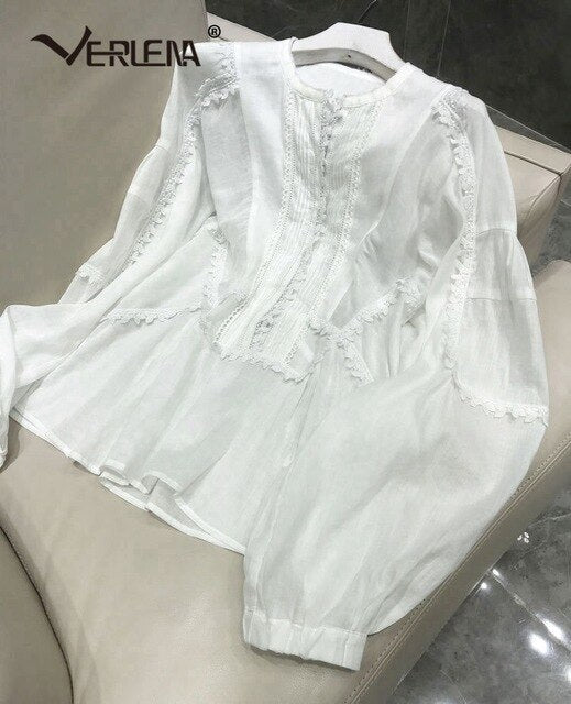 Verlena Volume Lantern Long Sleeve Natural Ramie Boho White Blouse Women Loose Crochet Lace O-Neck Oversized Summer Shirt 2019