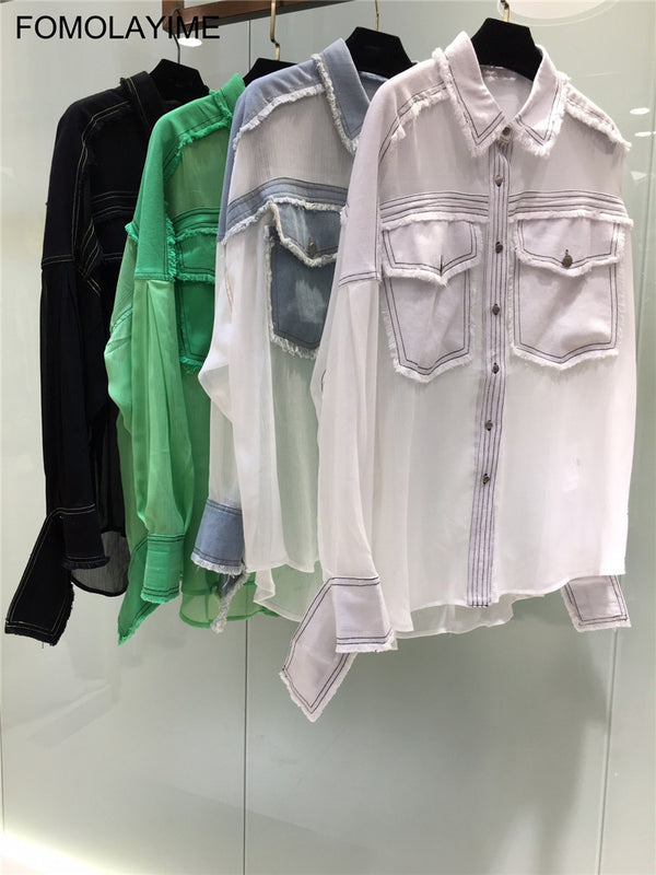 Women Summer Denim Patchwork Blouses Shirts 2019