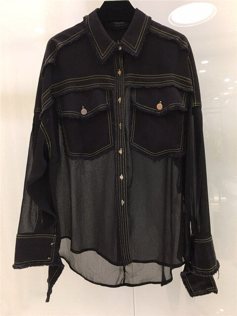 Women Summer Denim Patchwork Blouses Shirts 2019