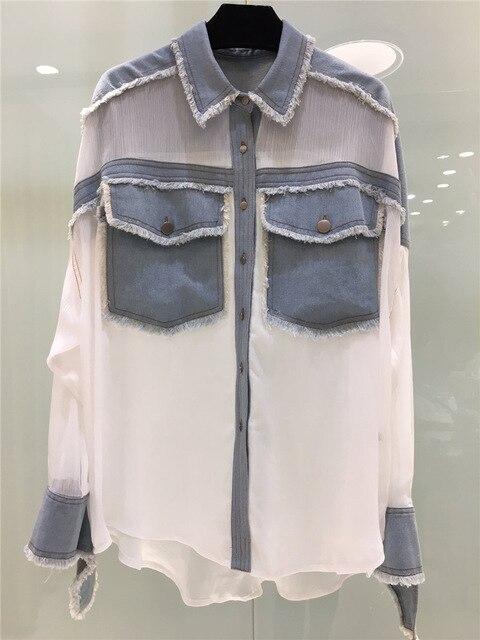 Women Summer Denim Patchwork Blouses Shirts 2019