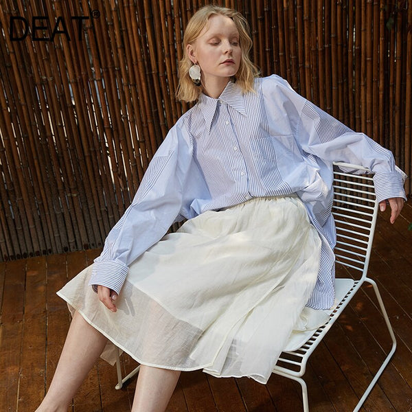 [DEAT] 2019 New Spring Summer Lapel Long Sleeve Striped Personality Split Joint Big Size Shirt Women Blouse Fashion Tide JW69