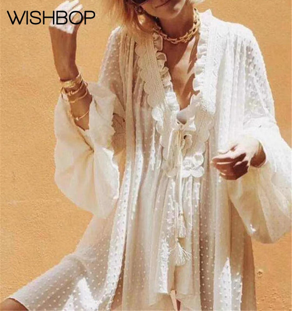 2018 New Summer Women Patchwork Hollow Out Long Sleeves Asymmetric Polka Dot Loose Tops With Water Soluble Lace & Neck With Tie
