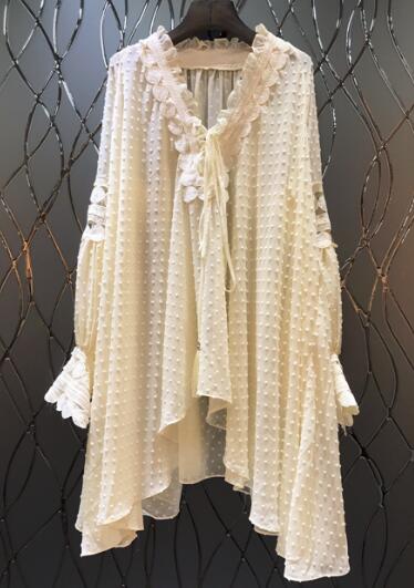 2018 New Summer Women Patchwork Hollow Out Long Sleeves Asymmetric Polka Dot Loose Tops With Water Soluble Lace & Neck With Tie