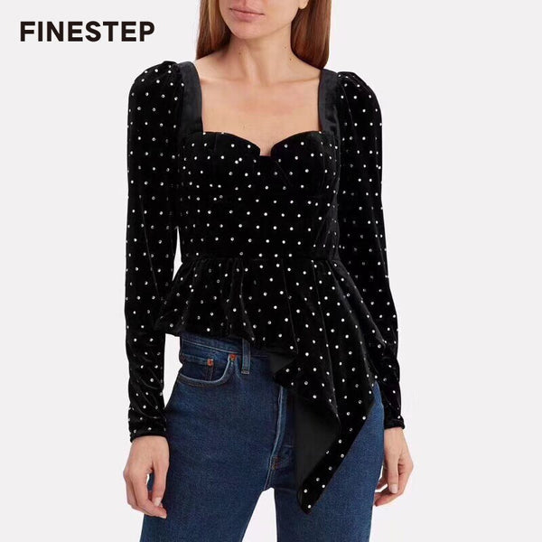 2019 Black Top Elegant Women Casual Blouse Sleeve Neck Collar Womens Polka Dot Tops with Long Sleeve Female Blouse Ruffles