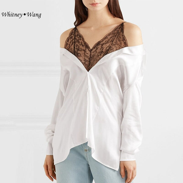 WHITNEY WANG 2019 Spring Autumn Fashion Streetwear Sexy Lace Patchwork Blouse Women blusas Office Lady Shirt Tops