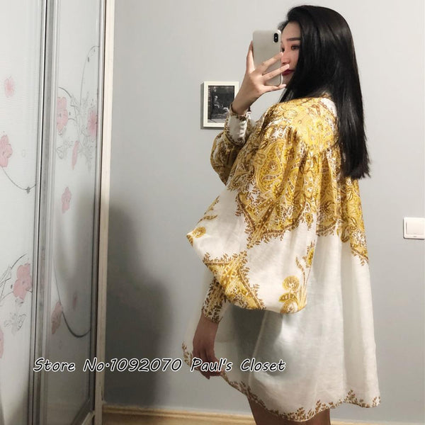 Women High Collar Long Balloon Sleeves Billow Golden Paisley Linen And Silk Blouse