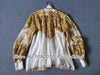 Women High Collar Long Balloon Sleeves Billow Golden Paisley Linen And Silk Blouse