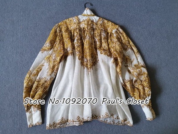 Women High Collar Long Balloon Sleeves Billow Golden Paisley Linen And Silk Blouse