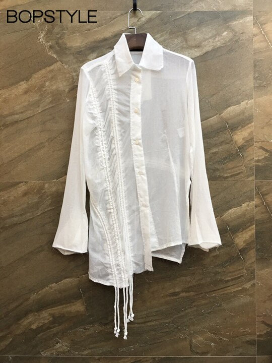 F/W 2018 Ladies Solid Color Asymmetric Shirt Top With Drawstring Gathered & Flare Long Sleeve - Women Drawstring Gathered Shirt