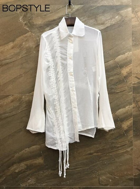 F/W 2018 Ladies Solid Color Asymmetric Shirt Top With Drawstring Gathered & Flare Long Sleeve - Women Drawstring Gathered Shirt