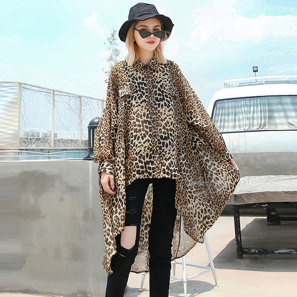 2019 Summer Chiffon Leopard Print Women Shirt Lapel Long Sleeve Asymmetrical Loose Slim Female Top Irregular Hem Women Blouse 97